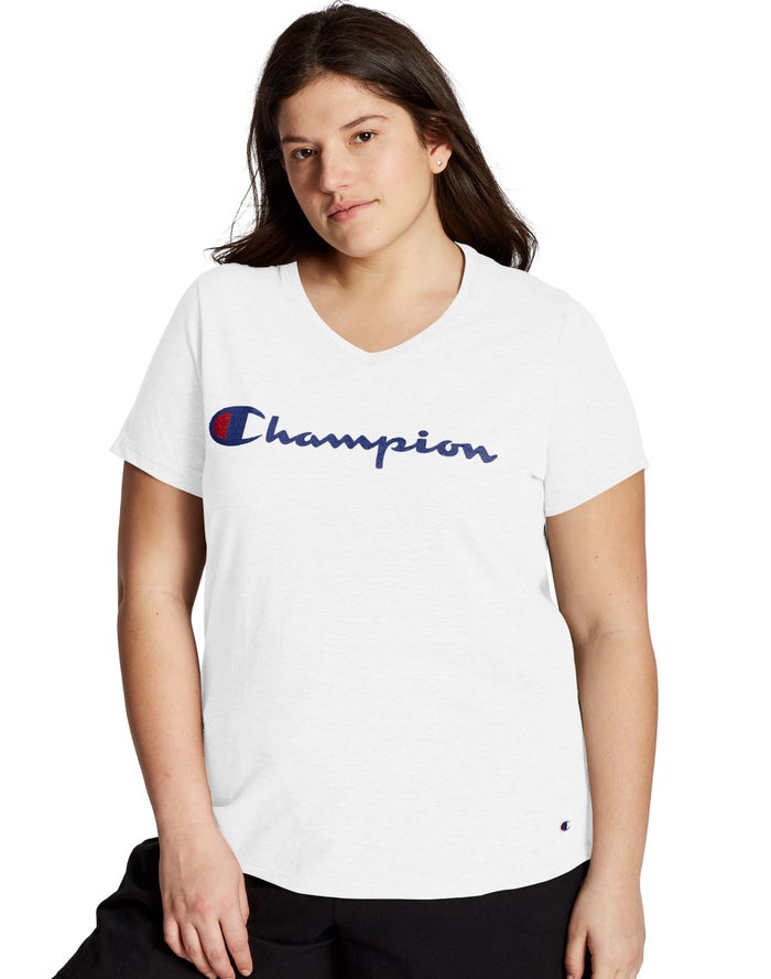 Champion Plus Jersey V-Neck Script Logo Kadın Tişört Beyaz ( SPFWQV945 )